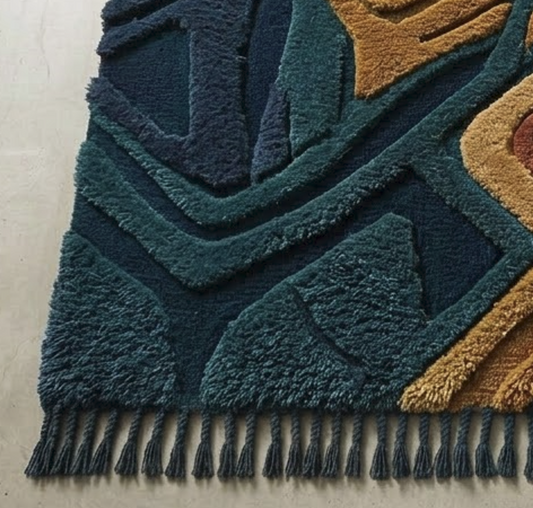 Abstract Multicolor Area Rug, Rust Teal Gold Marbled Pattern Carpet, Hand Tufted Wool Rug with Fringe, Boho Statement Living Room Decor