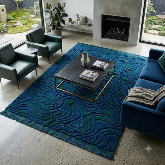 Teal Blue Area Rug, Modern Textured Swirl Pattern Carpet, Hand Tufted Wool Rug, Contemporary Living Room Rug, Luxury Statement Decor
