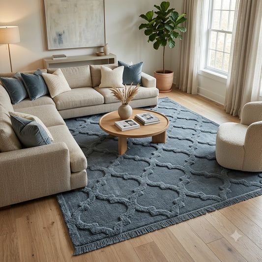 Blue Trellis Pattern Area Rug, Textured Moroccan Style Carpet, Hand Tufted Wool Rug with Fringe, Living Room Farmhouse Boho Decor