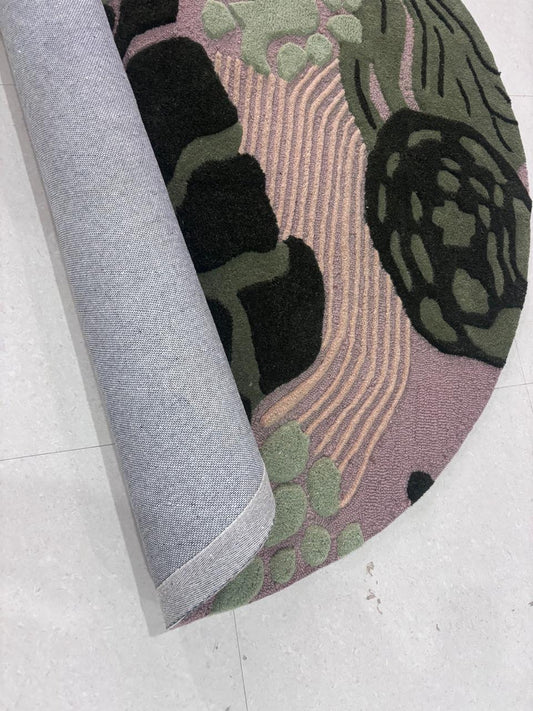 Botanical Leaf Area Rug, Hand Tufted Carved Texture Rug, Sage Green Pink Black Nature Carpet, Modern Artistic Round Rug Home Decor