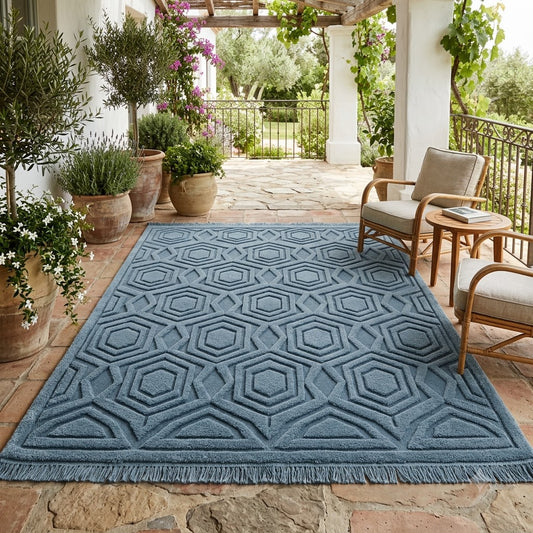 Blue Textured Area Rug, Modern Hexagon Diamond Pattern Carpet, Hand Tufted Wool Rug with Fringe, Living Room Bedroom Contemporary Decor