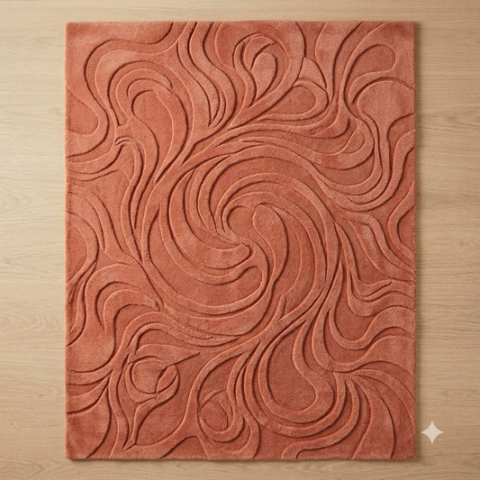 Terracotta Swirl Area Rug, Carved Abstract Wave Pattern Carpet, Hand Tufted Wool Rug, Rust Orange Modern Living Room Statement Decor