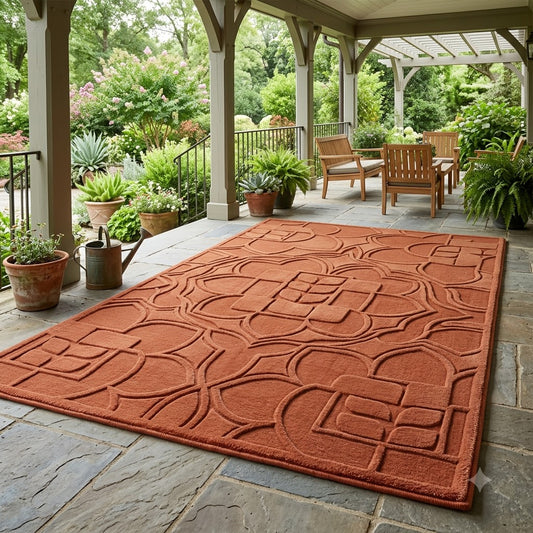 Rust Orange Textured Area Rug, Carved Medallion Geometric Pattern Carpet, Hand Tufted Wool Rug, Modern Bohemian Living Room Decor