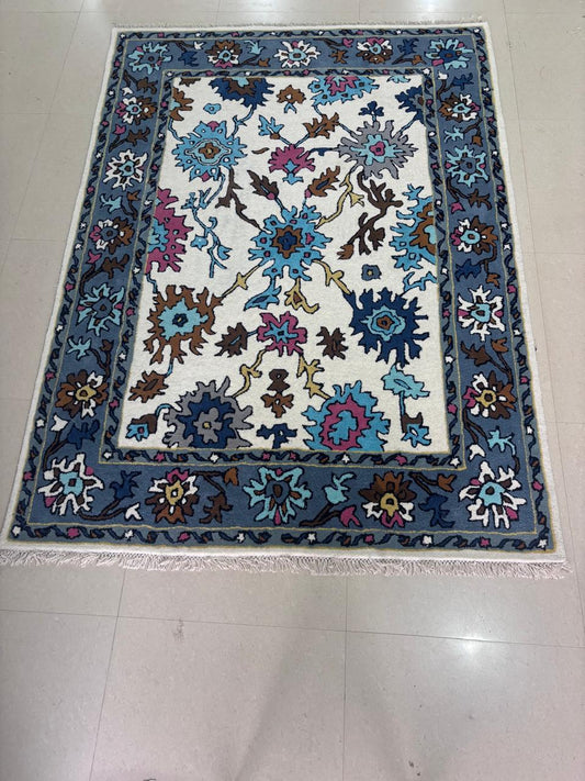 Hand Knotted Ivory Blue Oushak Rug, Slate Blue Border Wool Rug, Turkish Style Floral Carpet, Pink Brown Multicolor Living Room Rug