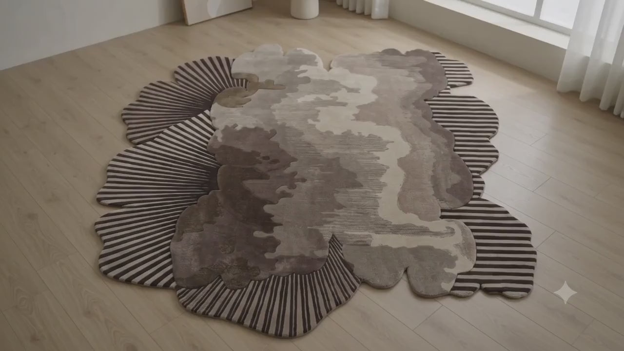 Flower Shaped Area Rug, Scalloped Shell Rug, Modern Boho Bedroom Rug, Camouflage Pattern Carpet, Beige Brown Living Room Rug, Unique Decor