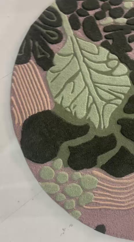 Botanical Leaf Area Rug, Hand Tufted Carved Texture Rug, Sage Green Pink Black Nature Carpet, Modern Artistic Round Rug Home Decor